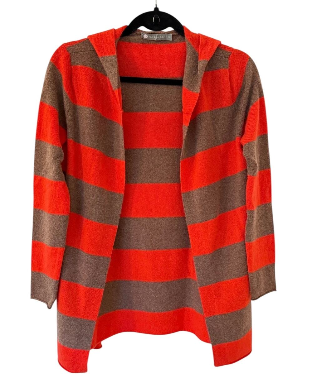 InCashmere Cashmere Hooded Sweater Sm Orange Brown Stripe Open Cardigan Soft